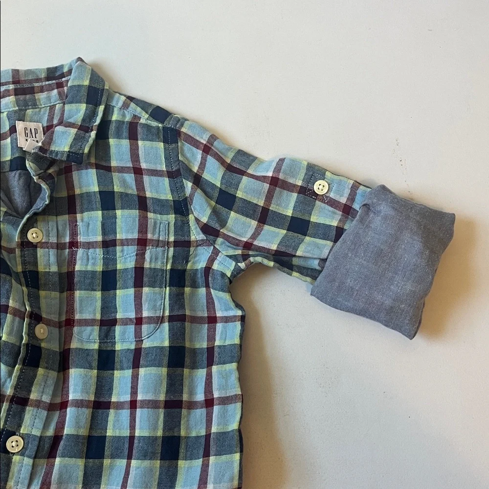 GAP Kids Light Blue and Navy Plaid Button-Down Shirt